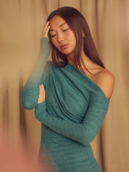 Teal Wool Drape Midi Dress