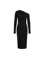 Black Wool Drape Midi Dress