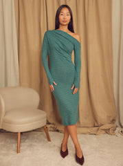 Teal Wool Drape Midi Dress