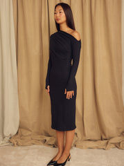 Black Wool Drape Midi Dress