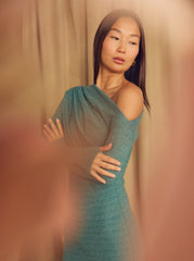 Teal Wool Drape Midi Dress