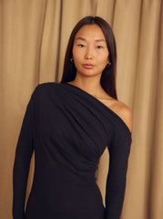 Black Wool Drape Midi Dress