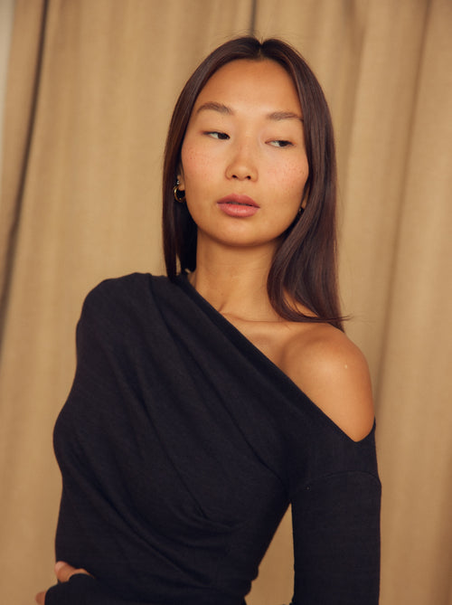 Black Wool Drape Midi Dress