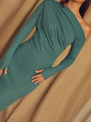 Teal Wool Drape Midi Dress