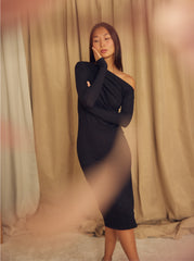 Black Wool Drape Midi Dress