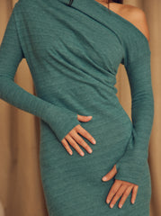 Teal Wool Drape Midi Dress