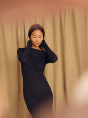 Black Wool Drape Midi Dress