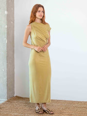 Drape Neck Cupro Midi Dress – Soft Olive