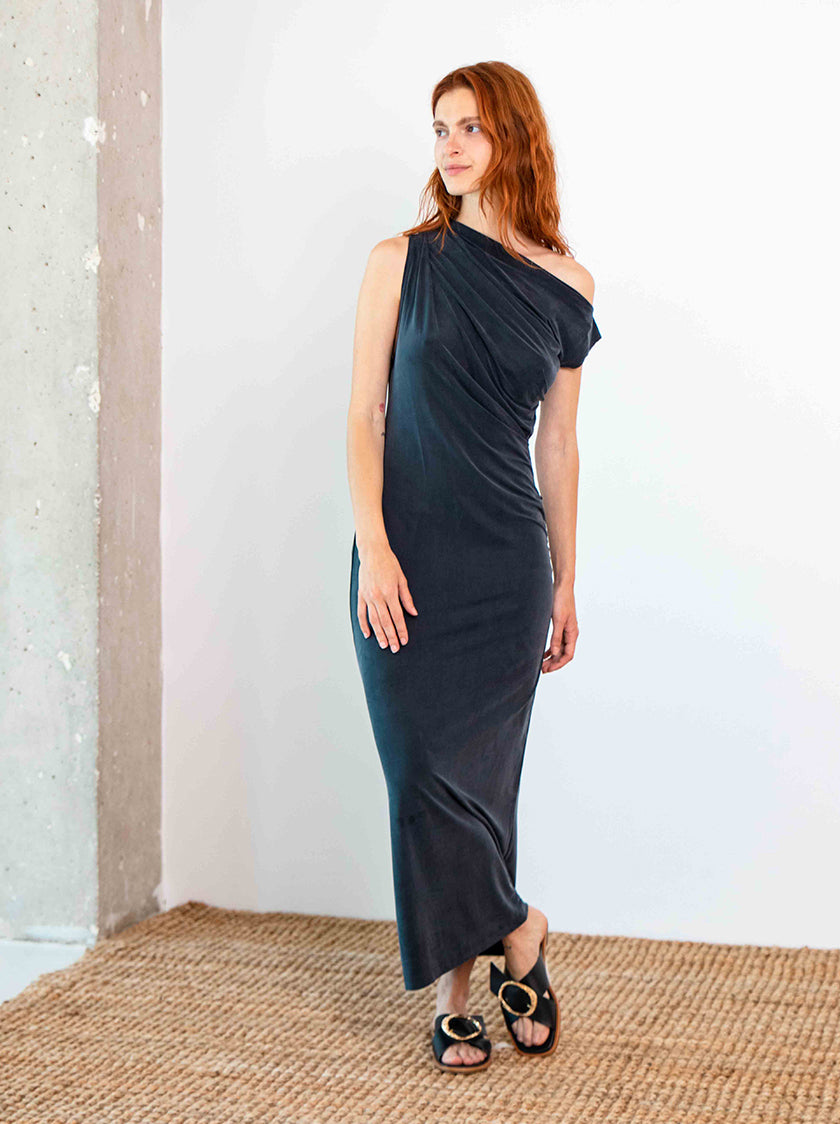 Slate Black Cupro Drape Midi Dress | Sustainable Dress NOUMENON Slate Black Cupro Drape Midi Dress | Sustainable Dress NOUMENON