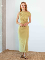 Drape Neck Cupro Midi Dress – Soft Olive