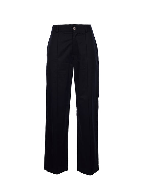 Front view of the black Damla trousers showing straight leg fit and clean tailored silhouette