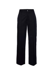 Front view of the black Damla trousers showing straight leg fit and clean tailored silhouette