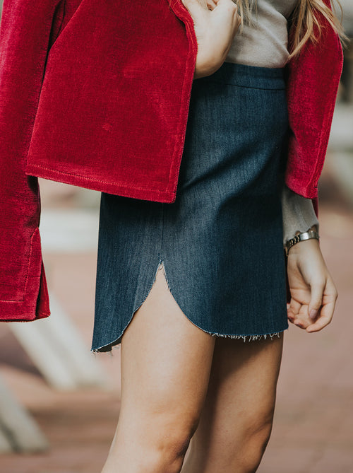 Raw denim skirt styled with a simple top for an effortless everyday summer look